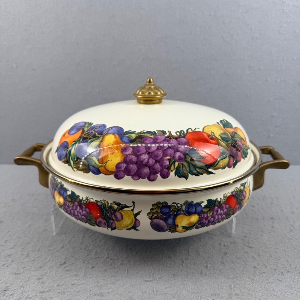 Vtg Enamel Casserole Dish Dutch Oven Fruit Pattern Brass Handles Cottagecore 10"
